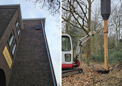 een vleermuizenkast aan de muur bij wijkcentrum de Ottoburg en een vleermuizenkast op een paal bij Huis De Voorde in Rijswijk.